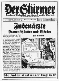 Der in Nürnberg verlegte Stürmer diffamierte die jüdischen Ärzte als skrupellose Verbrecher. Repro: nurinst-archiv